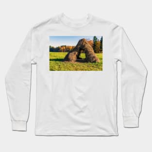 Haystack in the field in autumn day Long Sleeve T-Shirt